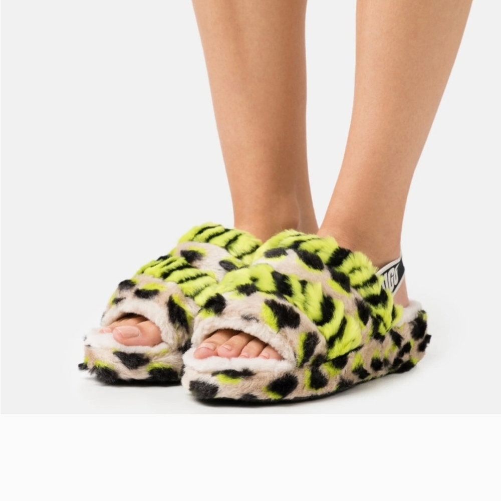 UGG Women's Fluff Yeah Animalia Leopard Print Slippers - Neon Yellow and Black
